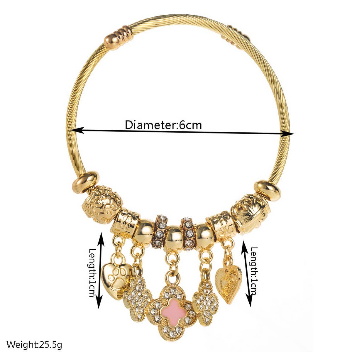 Trendy Gold Clover Heart Charm Bracelet
