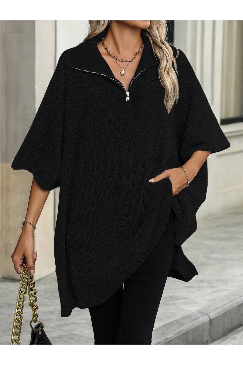 CWOSWS0082_Long Lapel Bat Sleeve Knit Zip Up Sweater