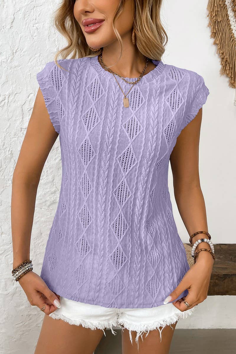 CWTBLS1615_ROUND NECK JACQUARD LOOSE T-SHIRT VEST