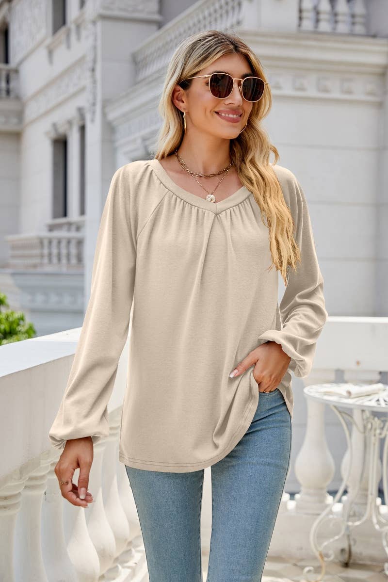 CWTBLL2858_LOOSE PLEATED V-NECK LONG SLEEVE TOP