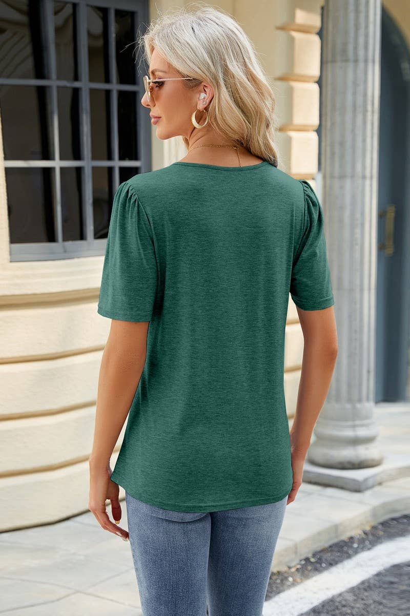 CWTTS0895_SOLID COLOR U NECK PLEATED TOP T SHIRT