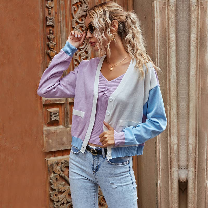COLOR CONTRAST SPLICING TEMPERAMENT CARDIGAN