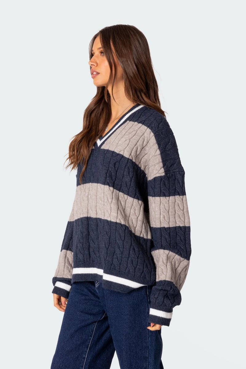 CWOSWL6749_V-NECK STRIPED CONTRAST LOOSE KNIT SWEATER