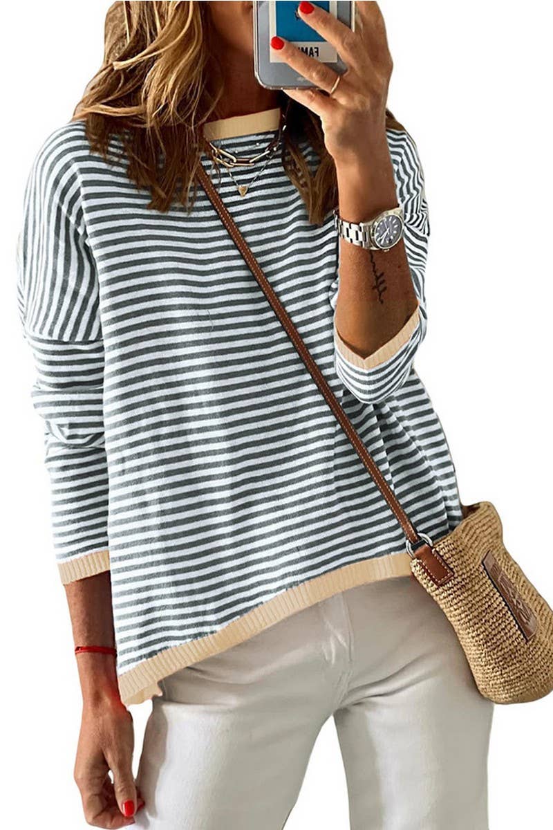CWTBLL1486_CREW NECK STRIPED CONTRAST KNIT SWEATER