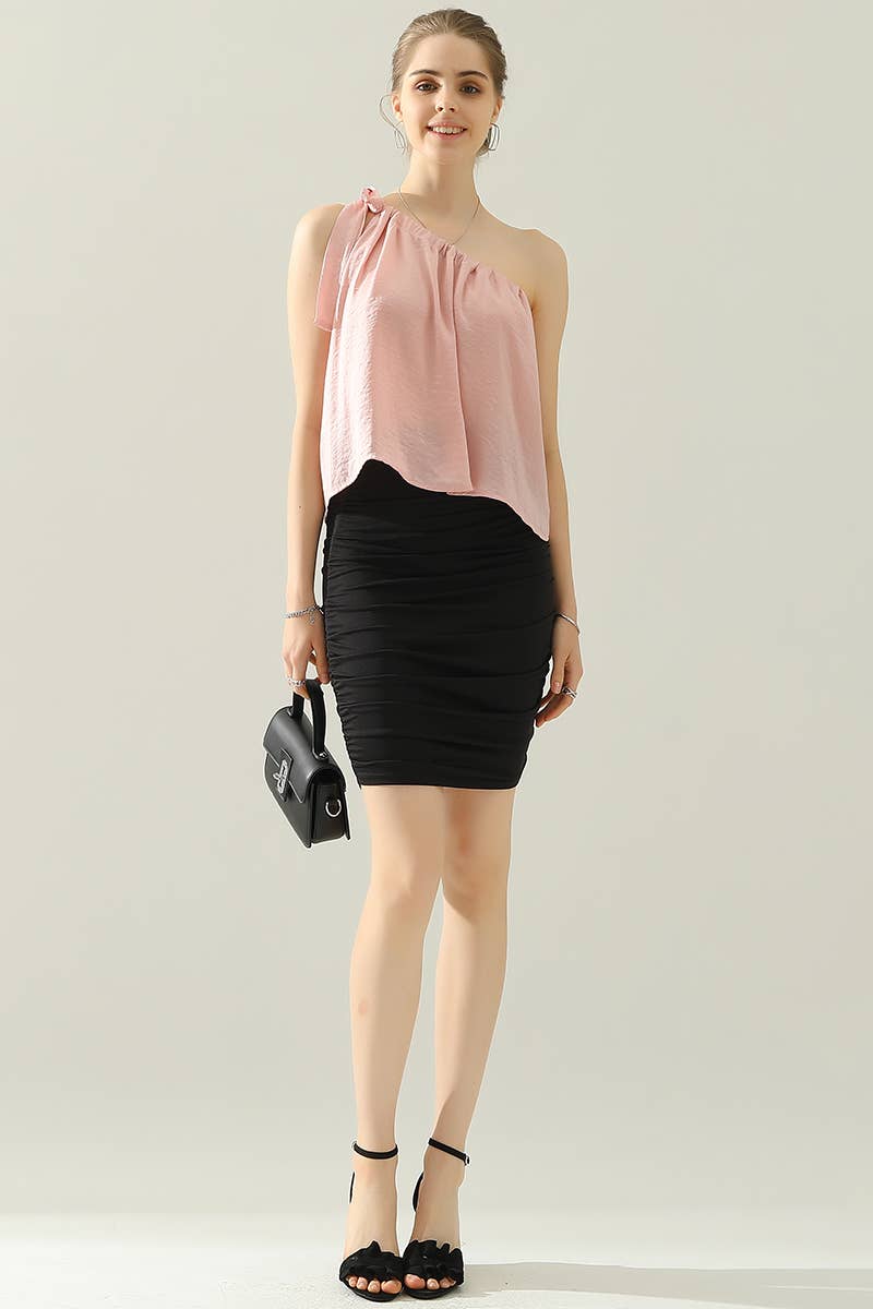 CWTHT028_ONE SHOULDER BOW TIE STRAP SATIN SILK BLOUS TOP