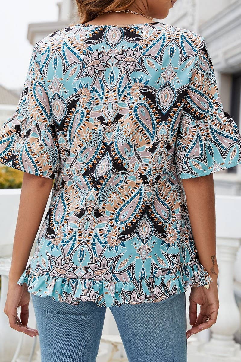 CWTBLS0347_V-Neck Short Sleeve Print Top