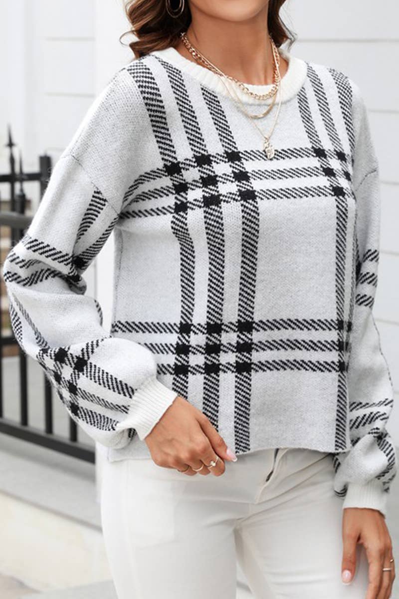 CWOSWL1693_Crew Plaid Neck Long Sleeve Pullover Sweater