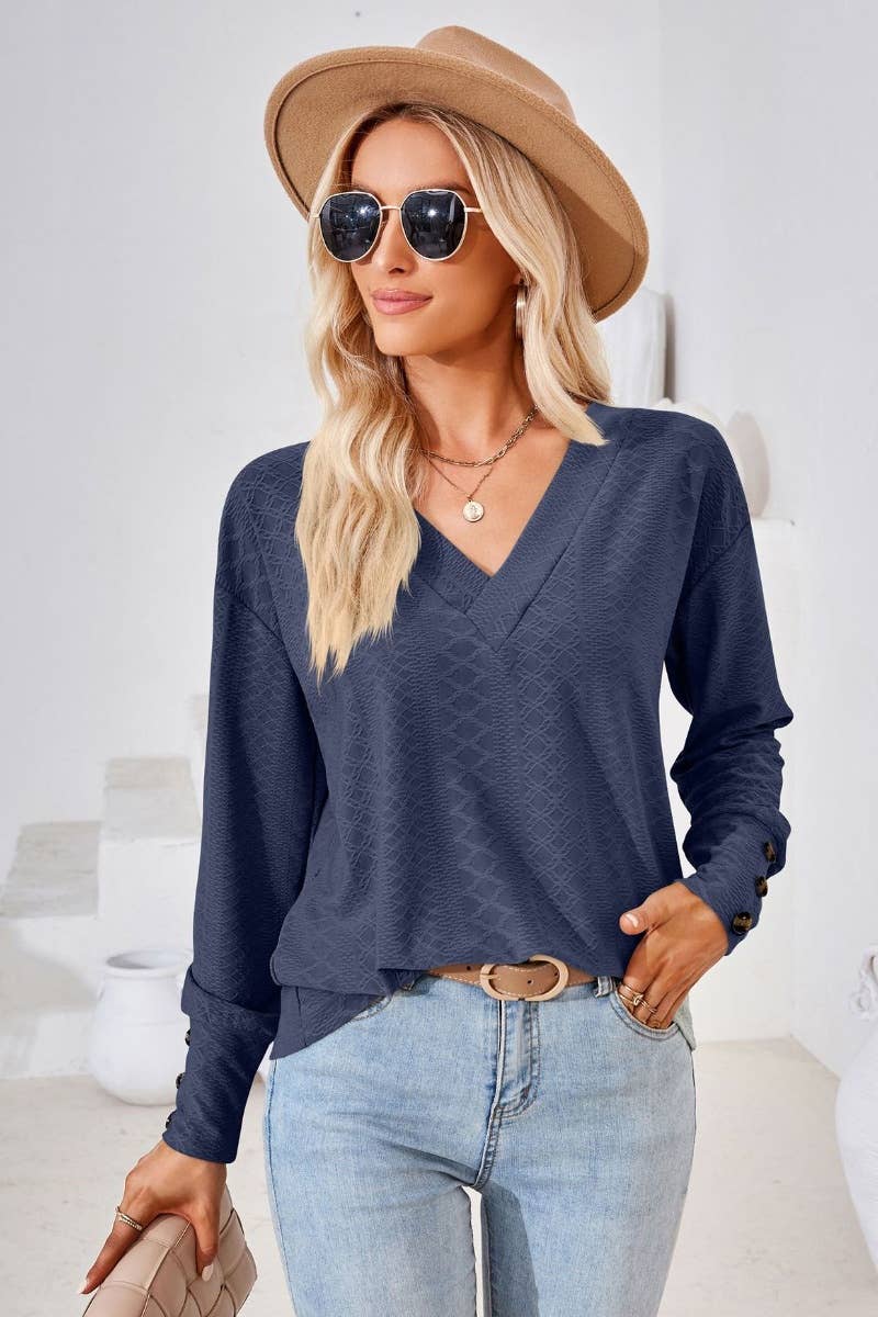 CWTBLL2806_SOLID COLOR V-NECK LONG SLEEVE BUTTON-UP TOP