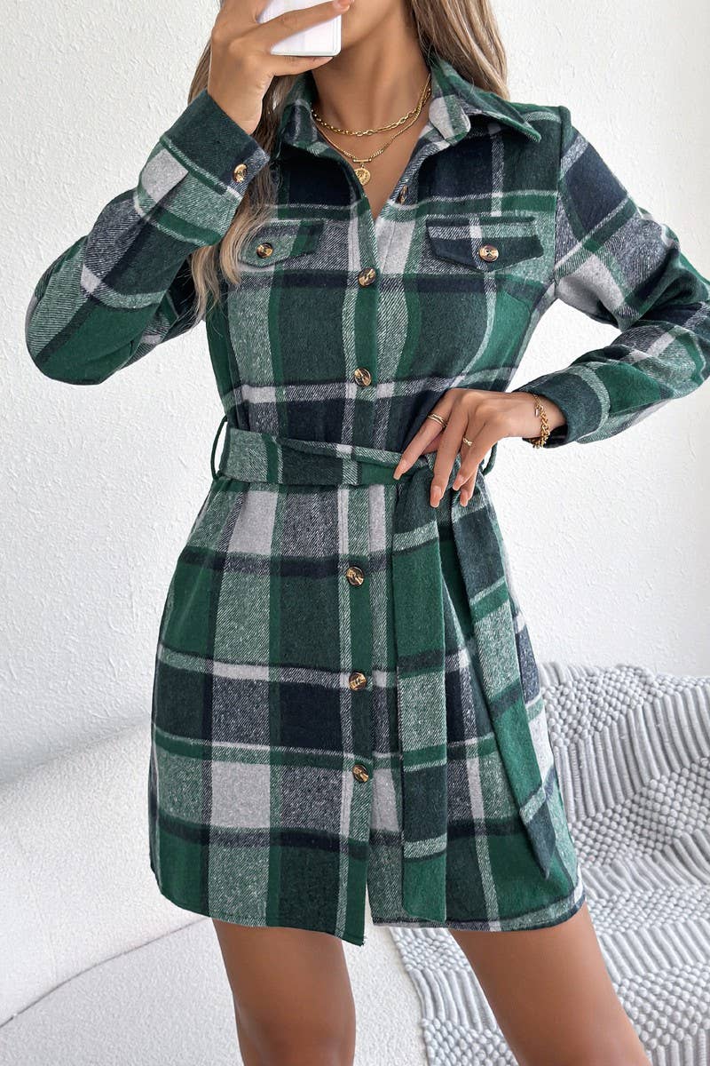 CWTDSL0124_CASUAL COLORBLOCK LONG SLEEVE PLAID SHIRT DRESS