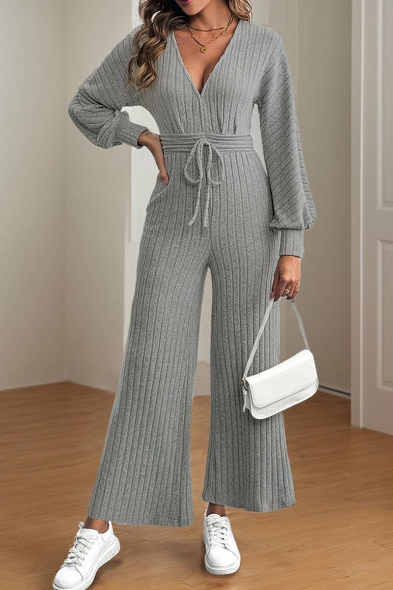 CWSJS1398_V-NECK SOLID COLOR HIGH WAIST WIDE LEG JUMPSUIT