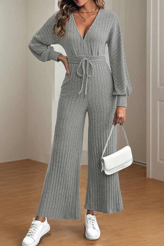 CWSJS1398_V-NECK SOLID COLOR HIGH WAIST WIDE LEG JUMPSUIT