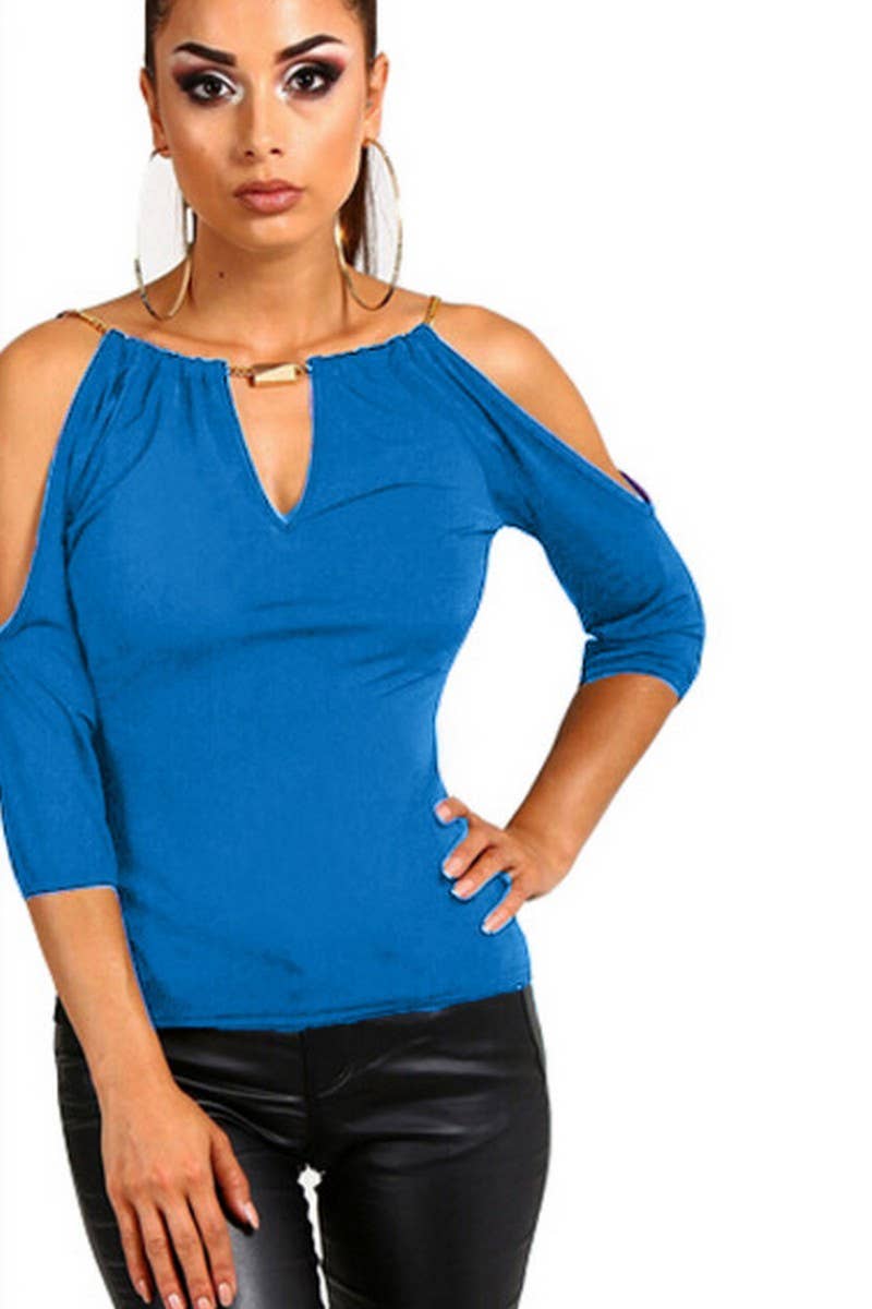 CWTBLS2207_PENDANT STRAP COLD SHOULDER SLIM FIT TOP