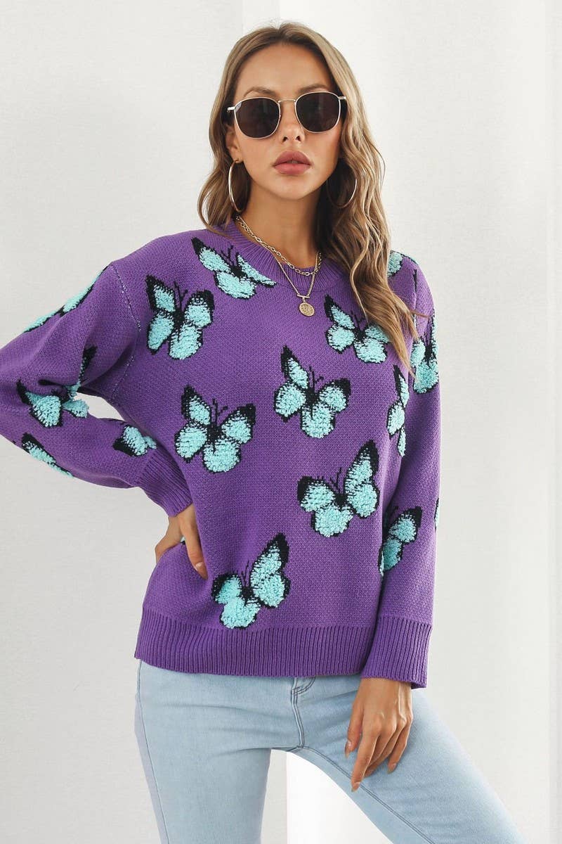 CWOSWL3964_3D BUTTERFLY JACQUARD CREWNECK KNITTED SWEATER