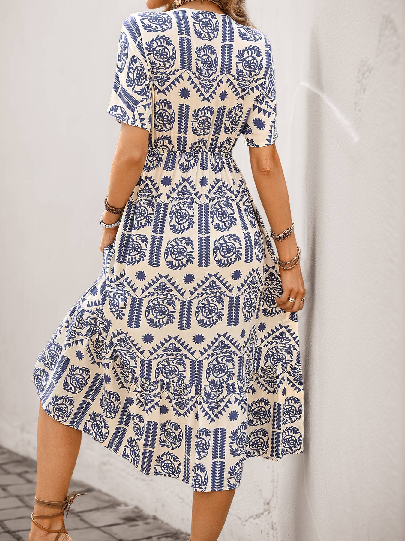 Boho print midi A-line dress with waist tie