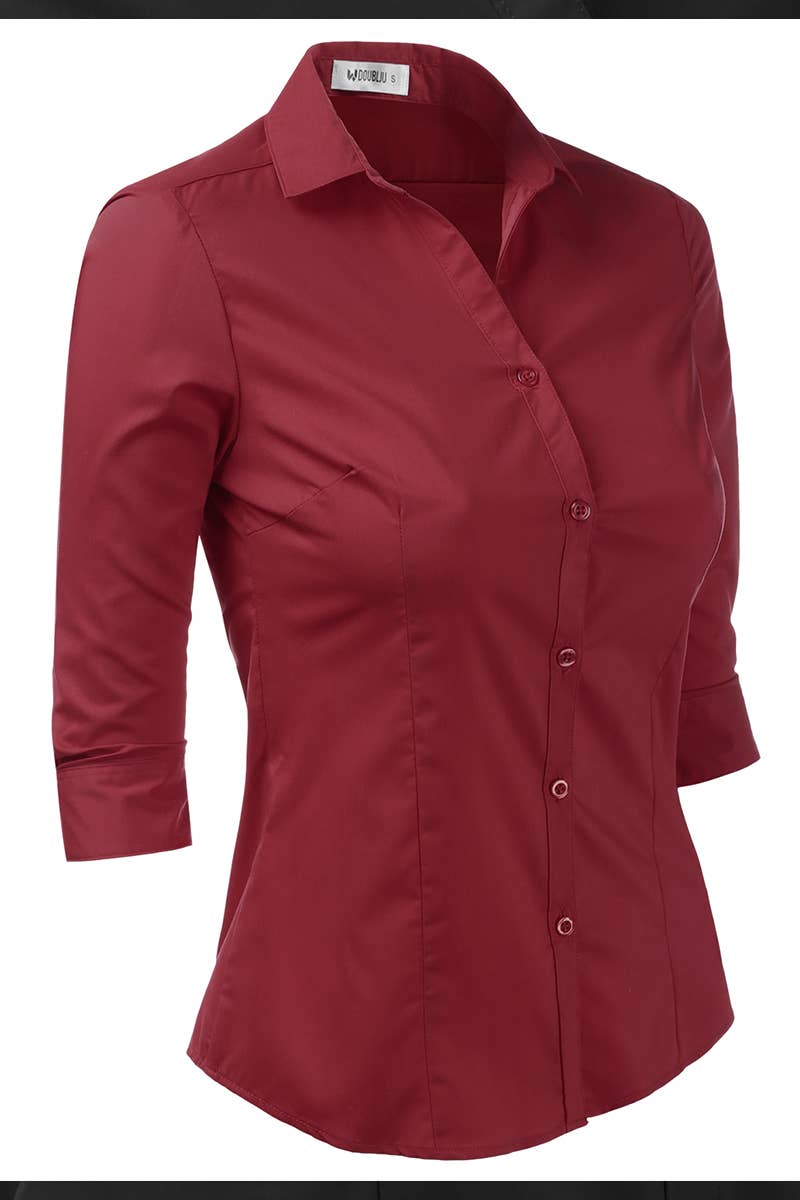 CWTSTL709_3/4 Sleeve Button Down Collar Shirt Blouse