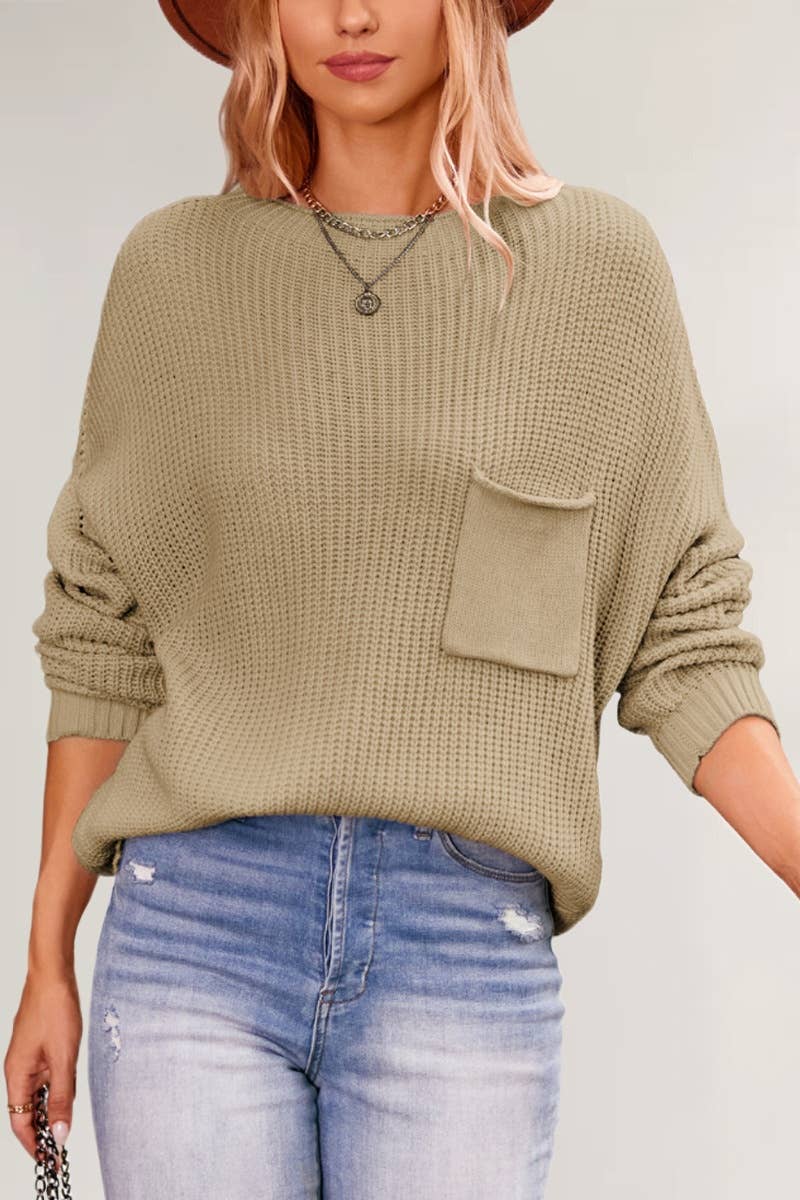 CWOSWL5884_CREW-NECK POCKET LONG-SLEEVED SWEATER