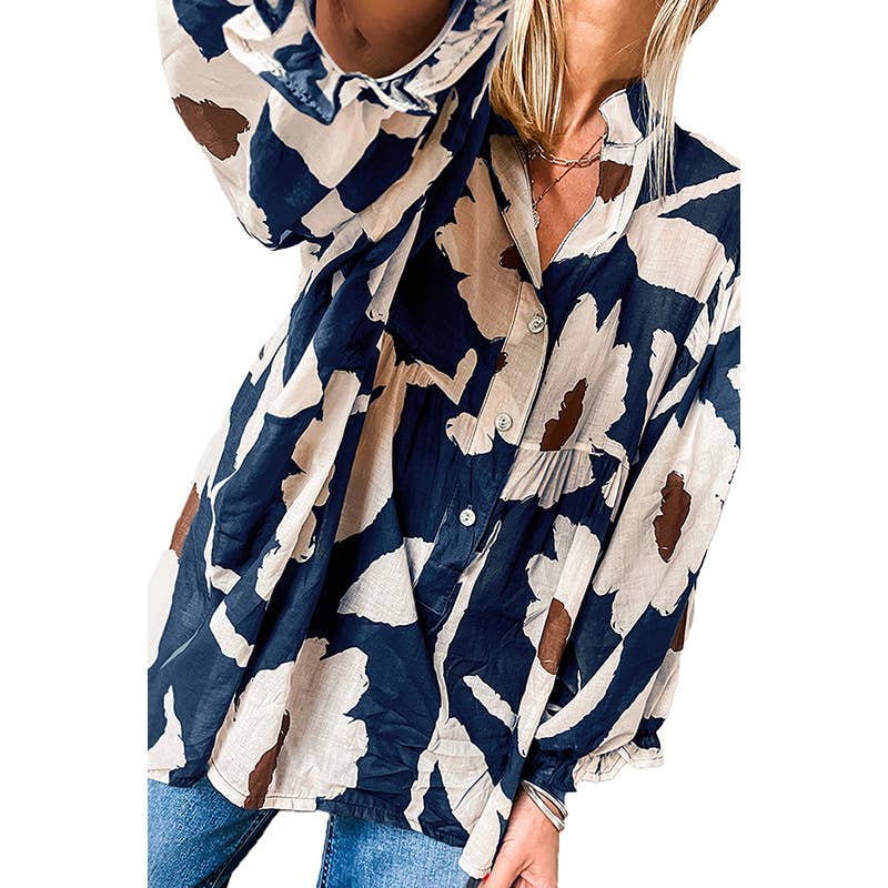 COMMUTER LOOSE V-NECK VINTAGE FLORAL PRINT SHIRT