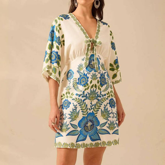 Casual floral printed five-quarter sleeve dress