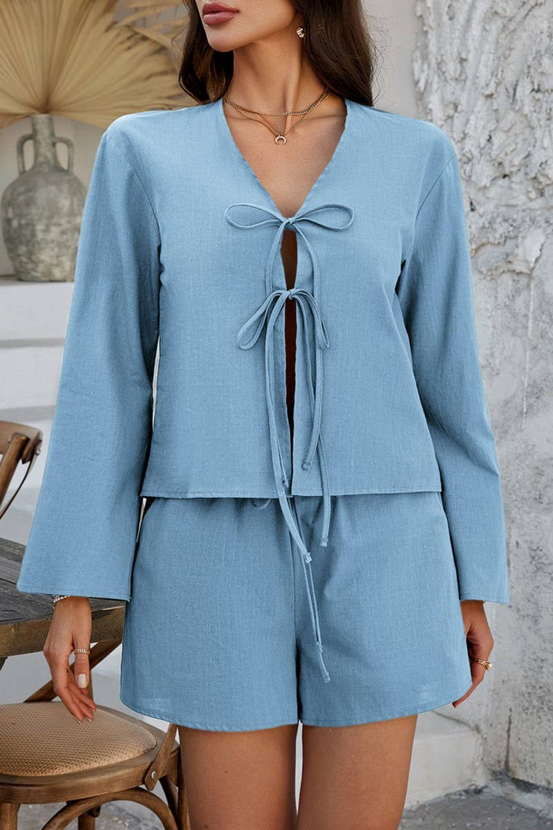 CWSTB1576_SOLID COLOR CARDIGAN LONG-SLEEVED TOP SHORTS SET