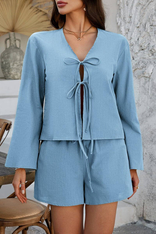 CWSTB1576_SOLID COLOR CARDIGAN LONG-SLEEVED TOP SHORTS SET