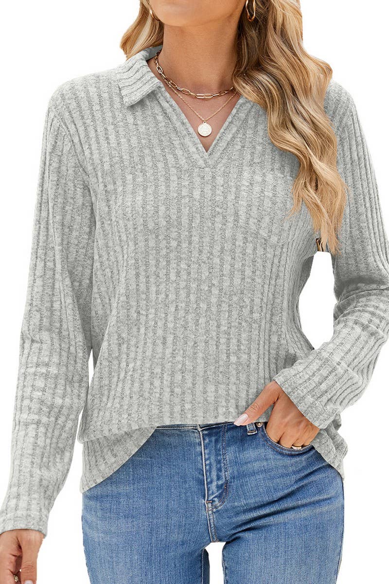 CWTBLL01314_RIBBED KNIT POLO LONG SLEEVE LOOSE TEE