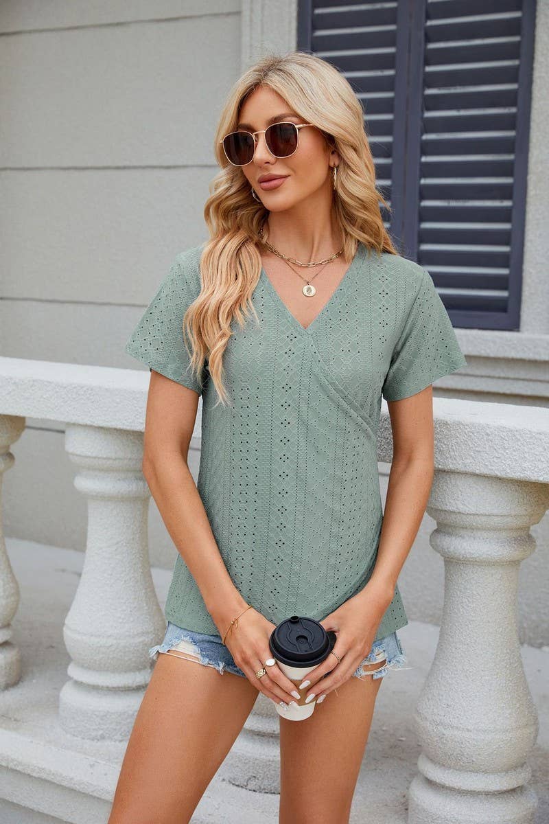 CWTTS0847_V-Neck Short Sleeve Knit Top