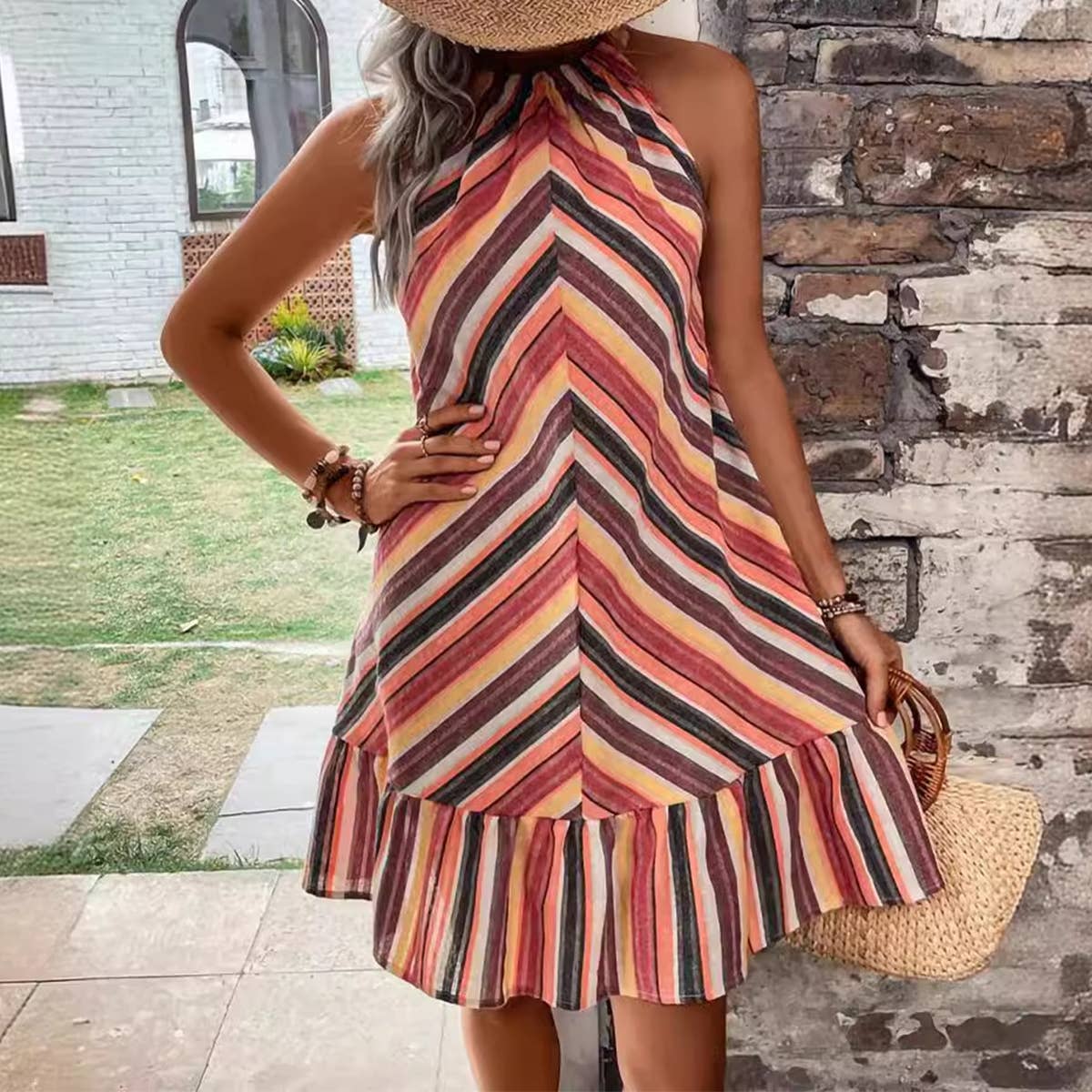 COLORFUL STRIPED HALTER RAINBOW SHORT DRESS