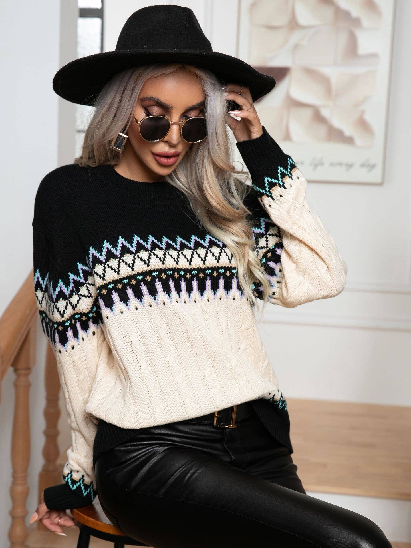 Bop jacquard twist twist knit pullover sweater