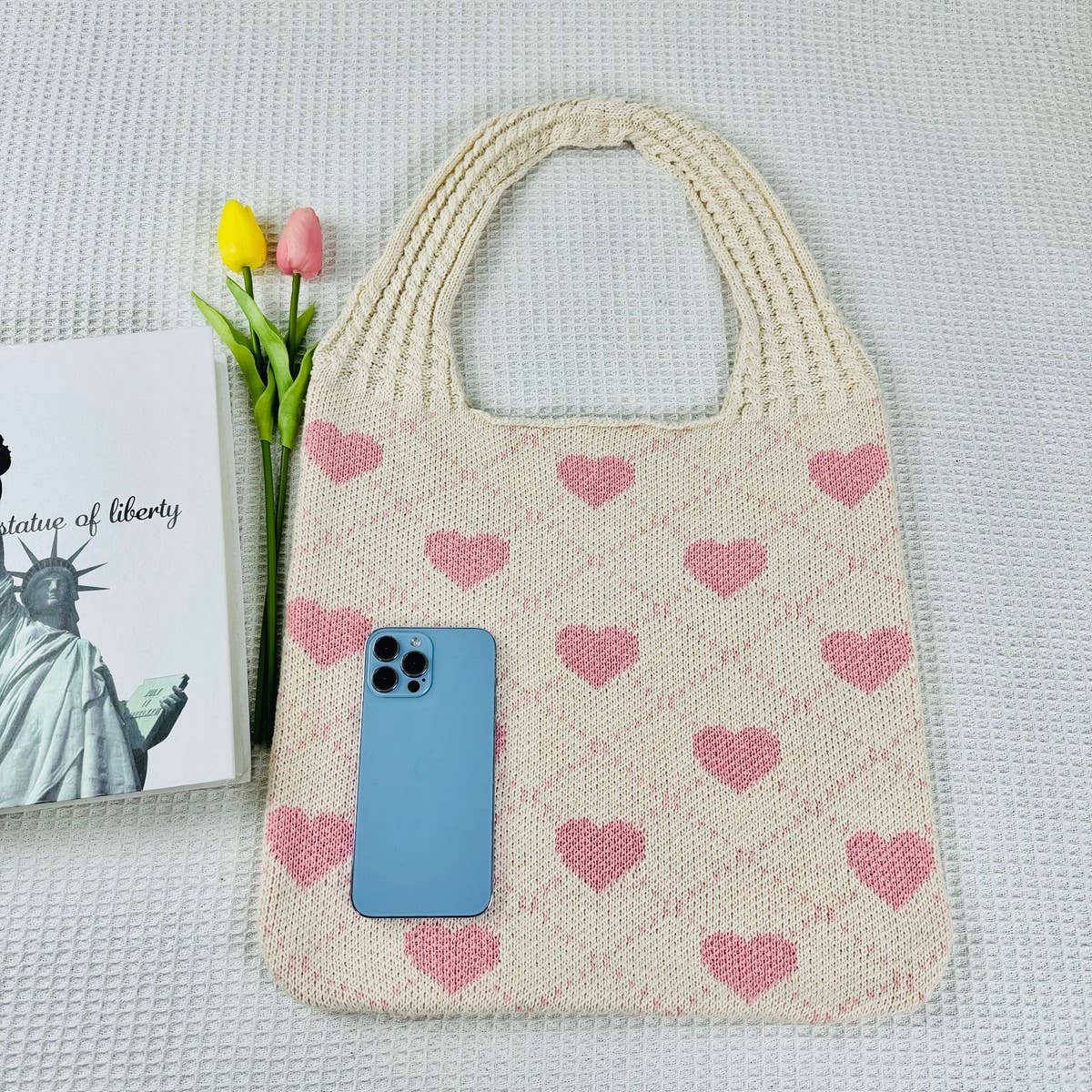CWAB5064_SHOPPING KNITTED HEART PATTERN WOVEN BAG