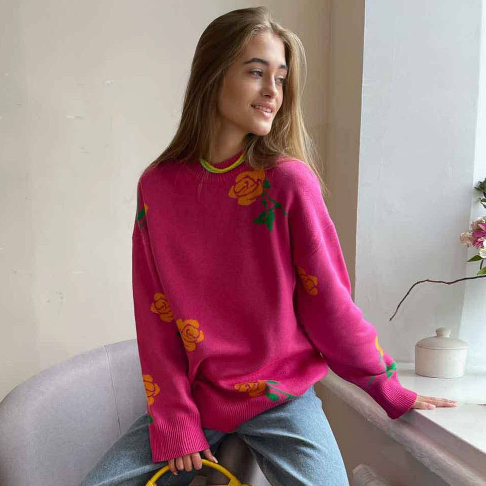 CREW-NECK ROSE JACQUARD LOOSE KNIT SWEATER