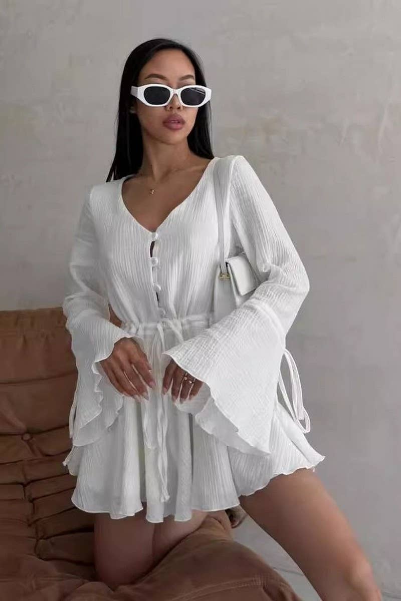 CWSJS1246_DRAWSTRING TRUMPET SLEEVES V-NECK JUMPSUIT