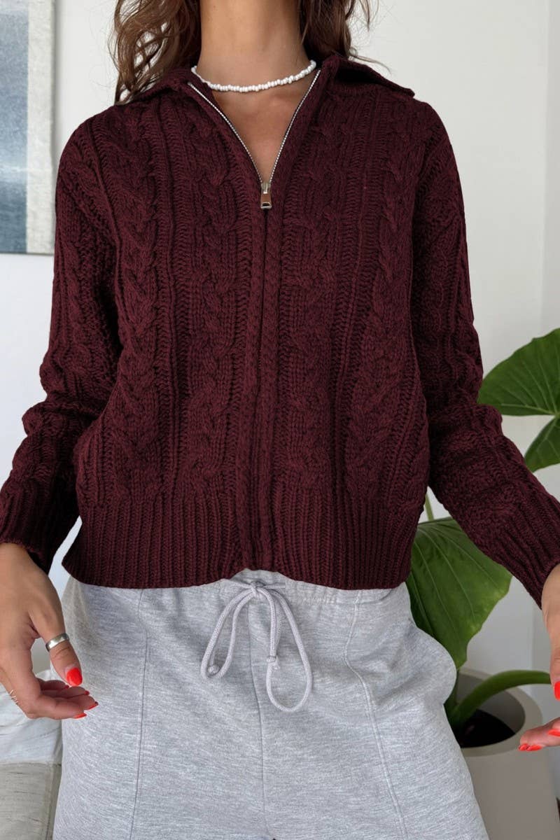 CWOSWL07524_SOLID COLOR LONG SLEEVE ZIP KNIT SWEATER