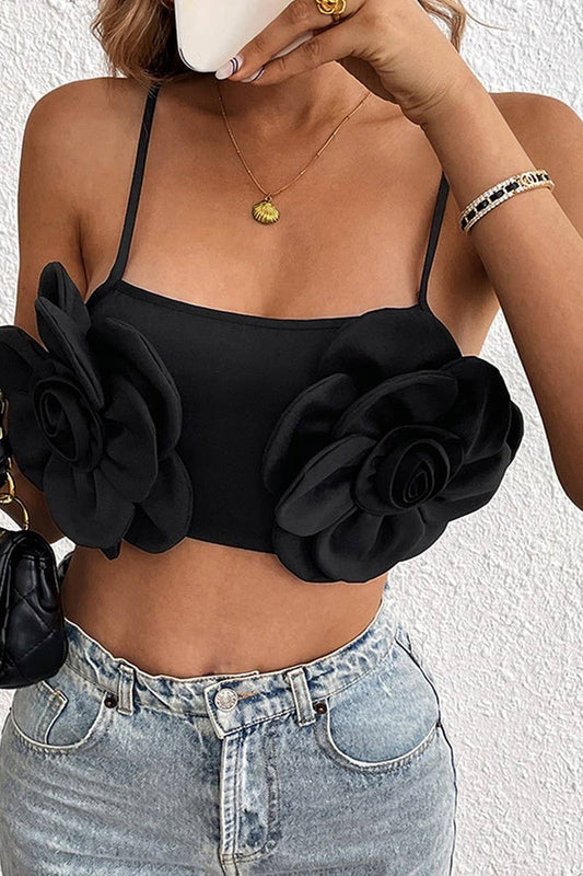 CWTTK0714_SEXY 3D FLOWER BLACK SHORT CAMISOLE