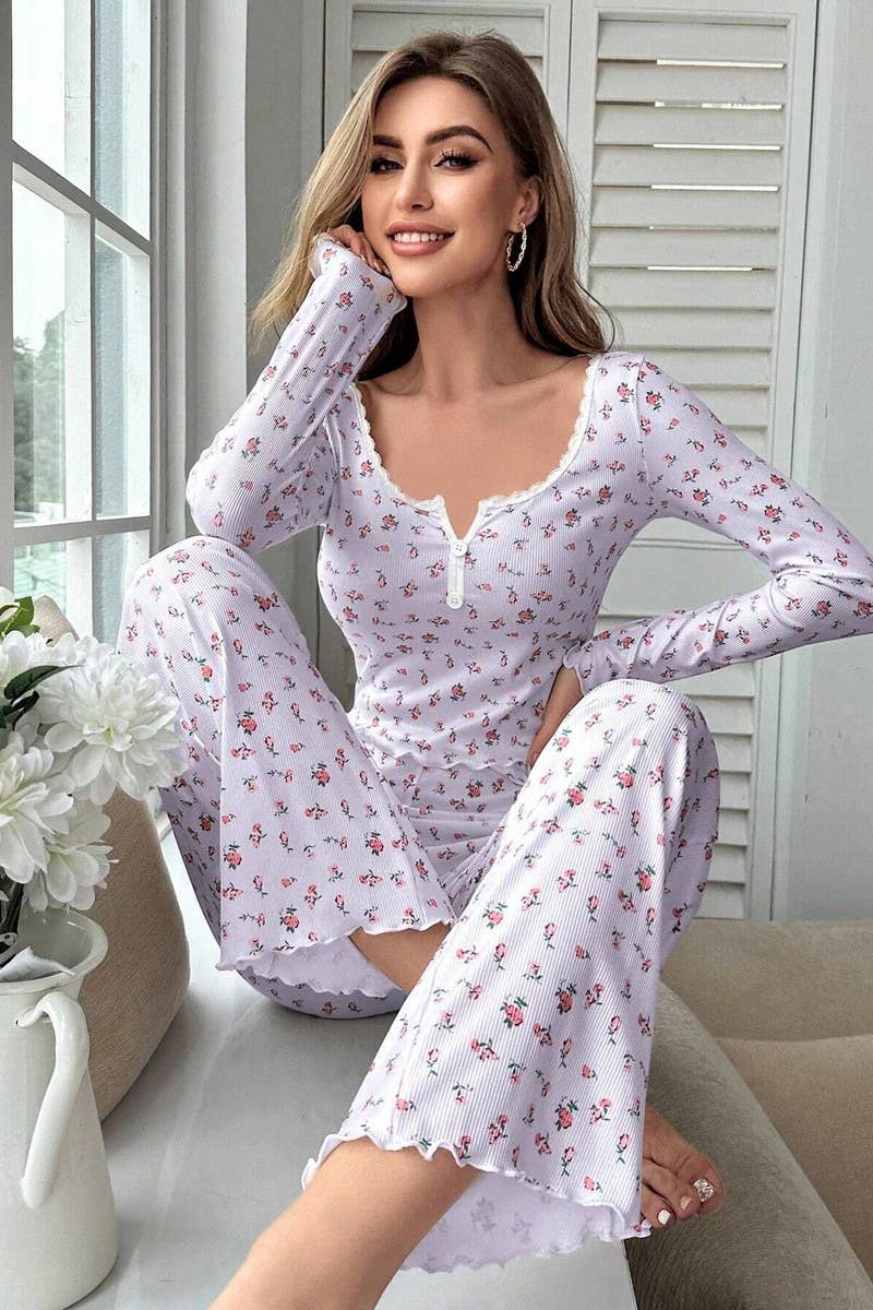 CWSPJ00471_FLORAL LONG SLEEVE TOP AND PANTS LOUNGEWEAR SET