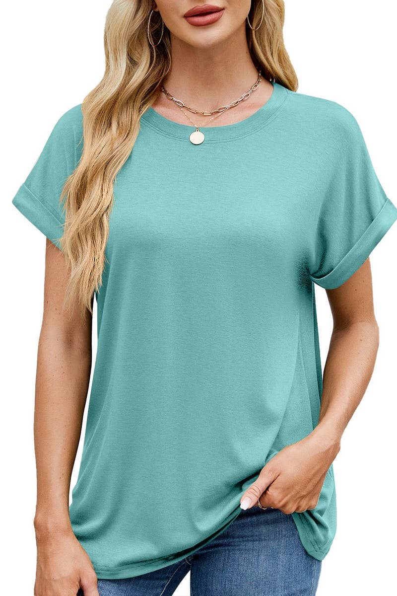 CWTBLS1728_SOLID COLOR ROUND NECK T-SHIRT SHORT SLEEVE TOP