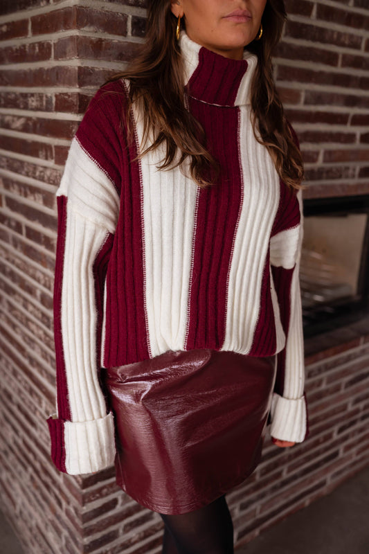 Color-blocking and patchwork high-neck sweater