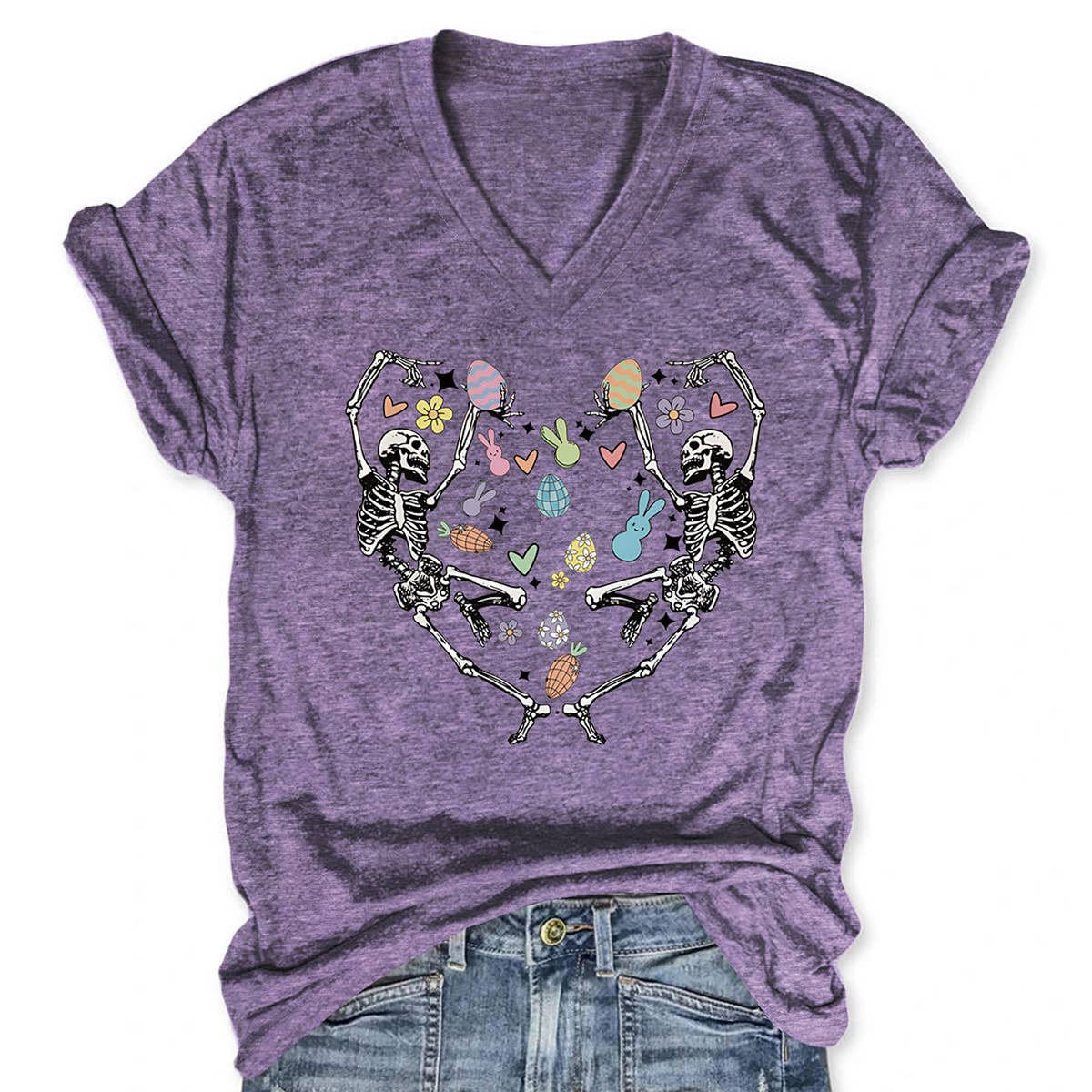EASTER FUN PRINTED SKULL PERSONALITY VNECK TEES_CWTTS0868