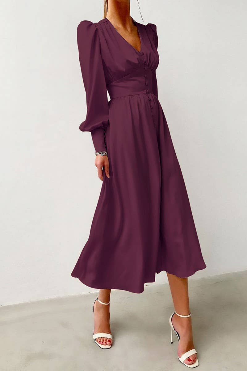 CWDMD4255_V-NECK SATIN PALACE RETRO LONG SLEEVE DRESS