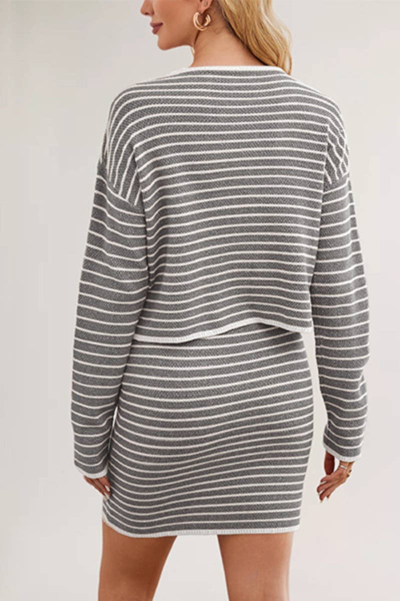 CWSS0856_SWEATER STRIPED LONG SLEEVE CARDIGAN SKIRT SUIT