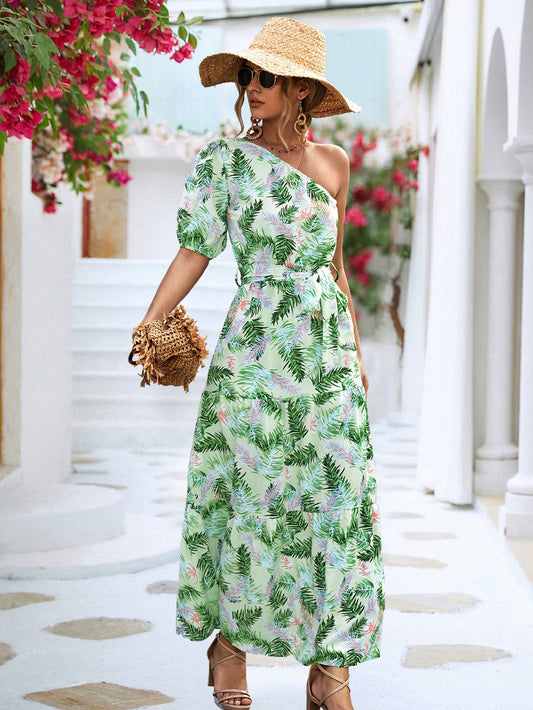 Asymmetrical shoulder tropical tie waist dress