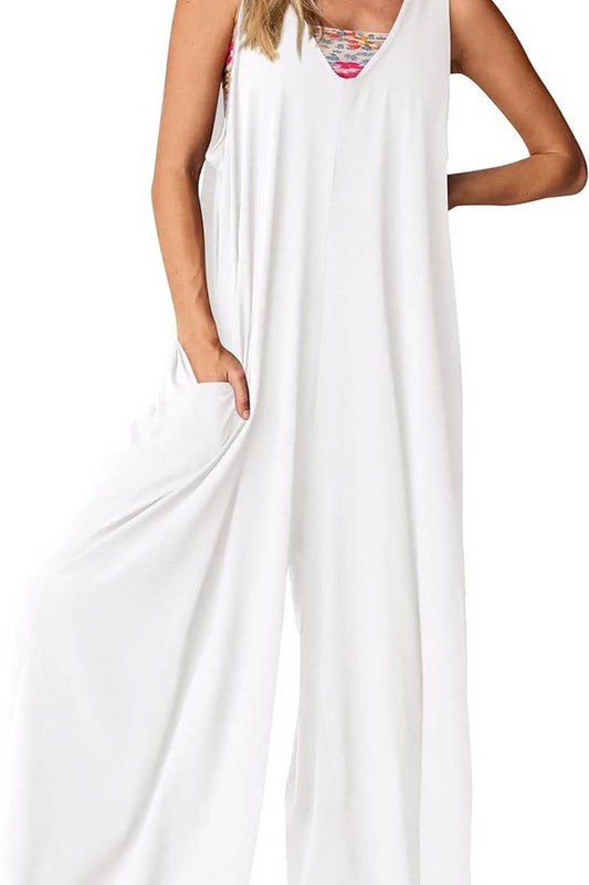 CWSJS00260_LOOSE SLEEVELESS VEST V-NECK WIDE-LEG JUMPSUIT