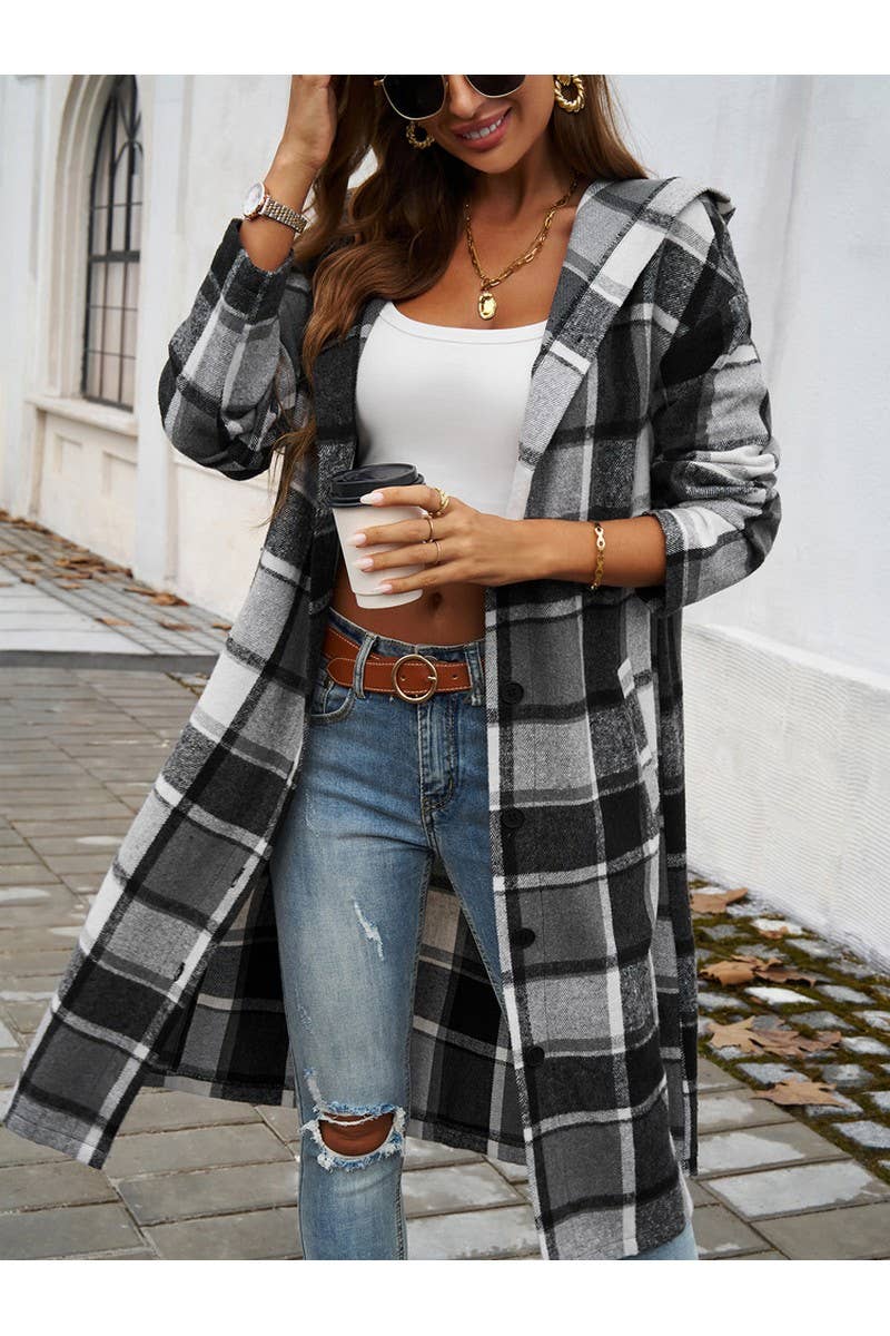 CWOCO0235_Casual Plaid Button Hooded Long Coat