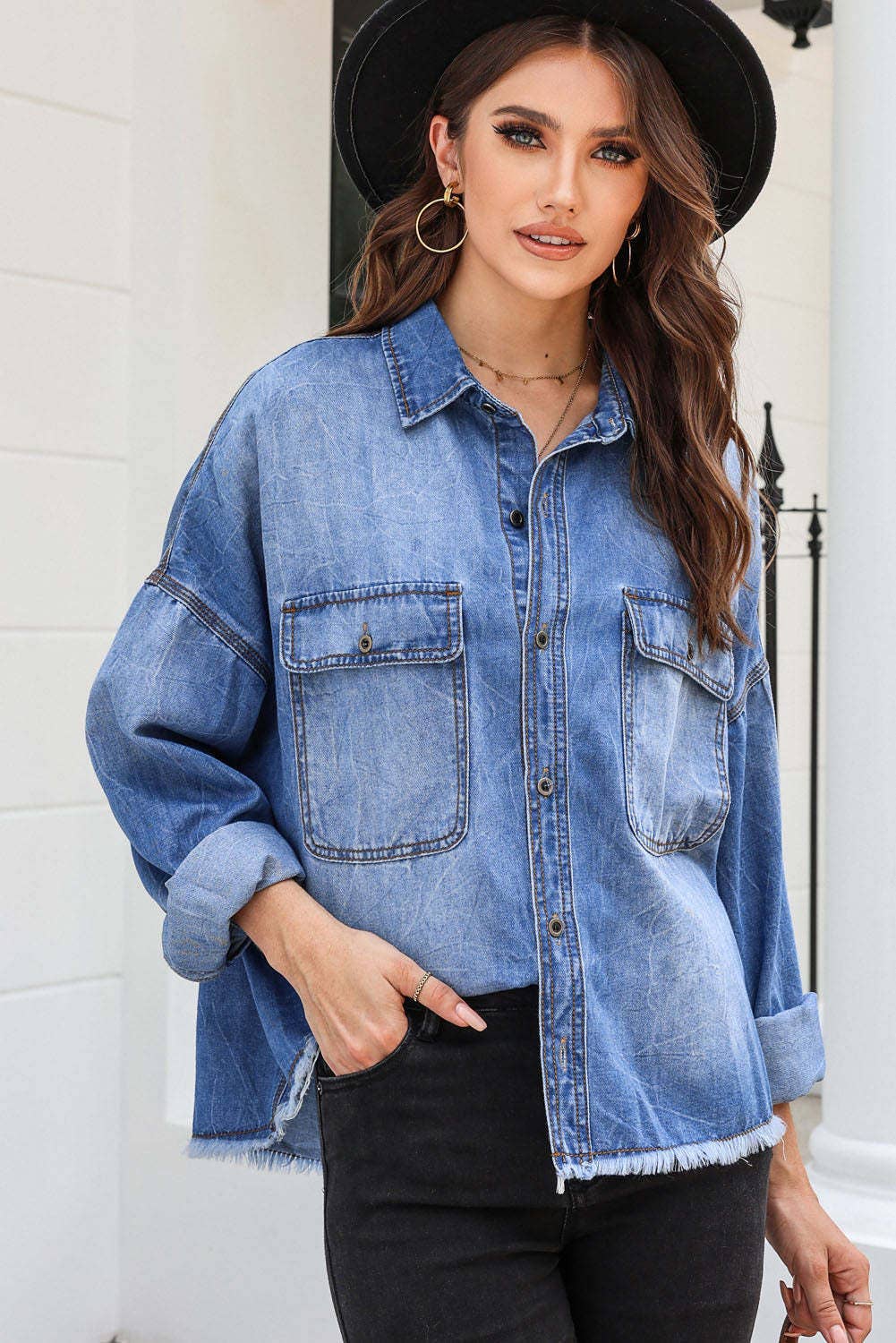 DROP SHOULDER WASH VINTAGE DENIM SHIRT