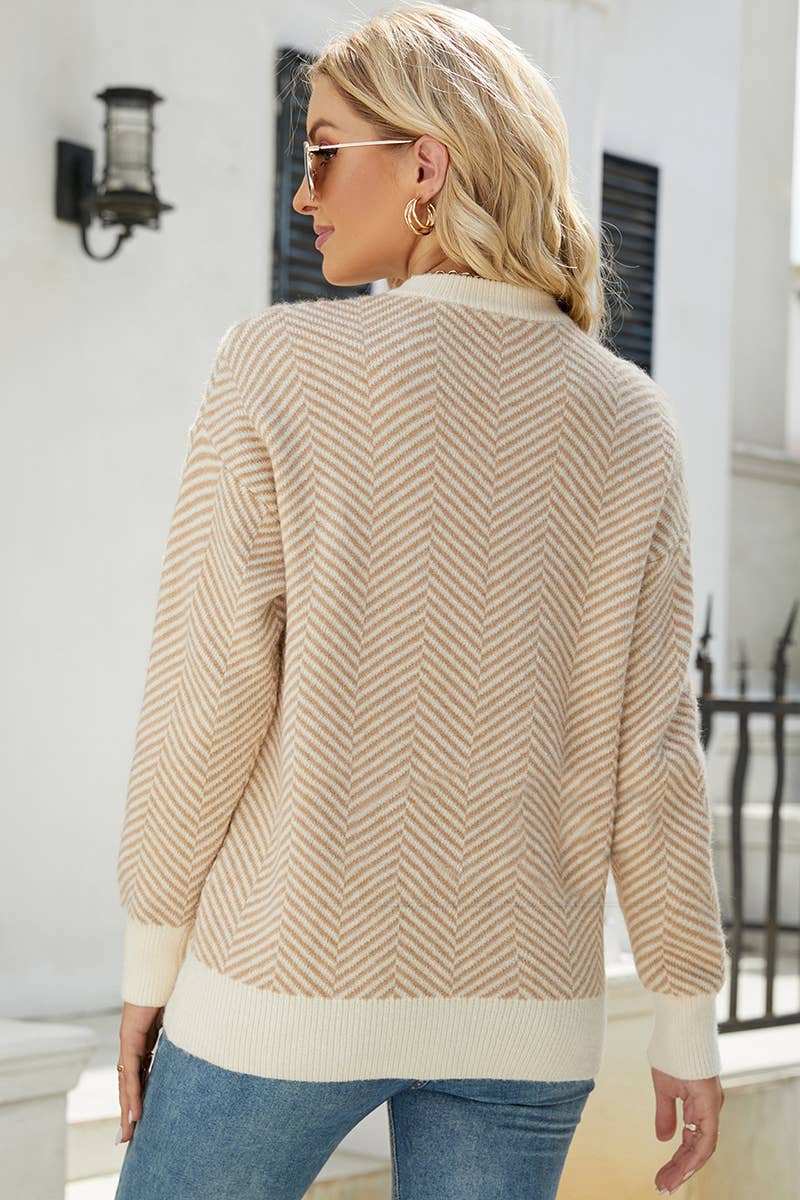 CWTTL1074 Striped Round Neck Knitted Panel Pullover Sweater