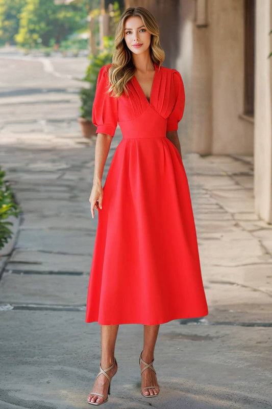 CWDMD6126_SOLID V-NECK LANTERN SLEEVE BODYCON DRESS