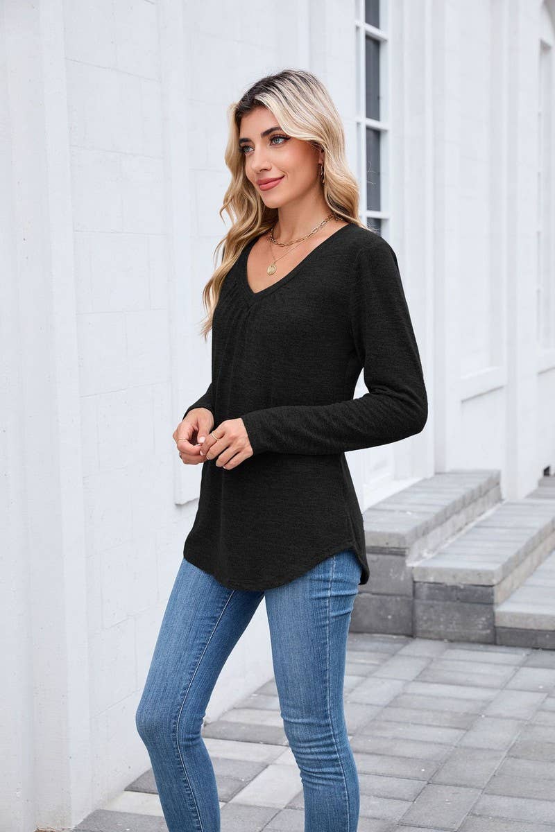 CWTBLL01303_V NECK RUCHED LONG SLEEVE CASUAL LOOSE TEE