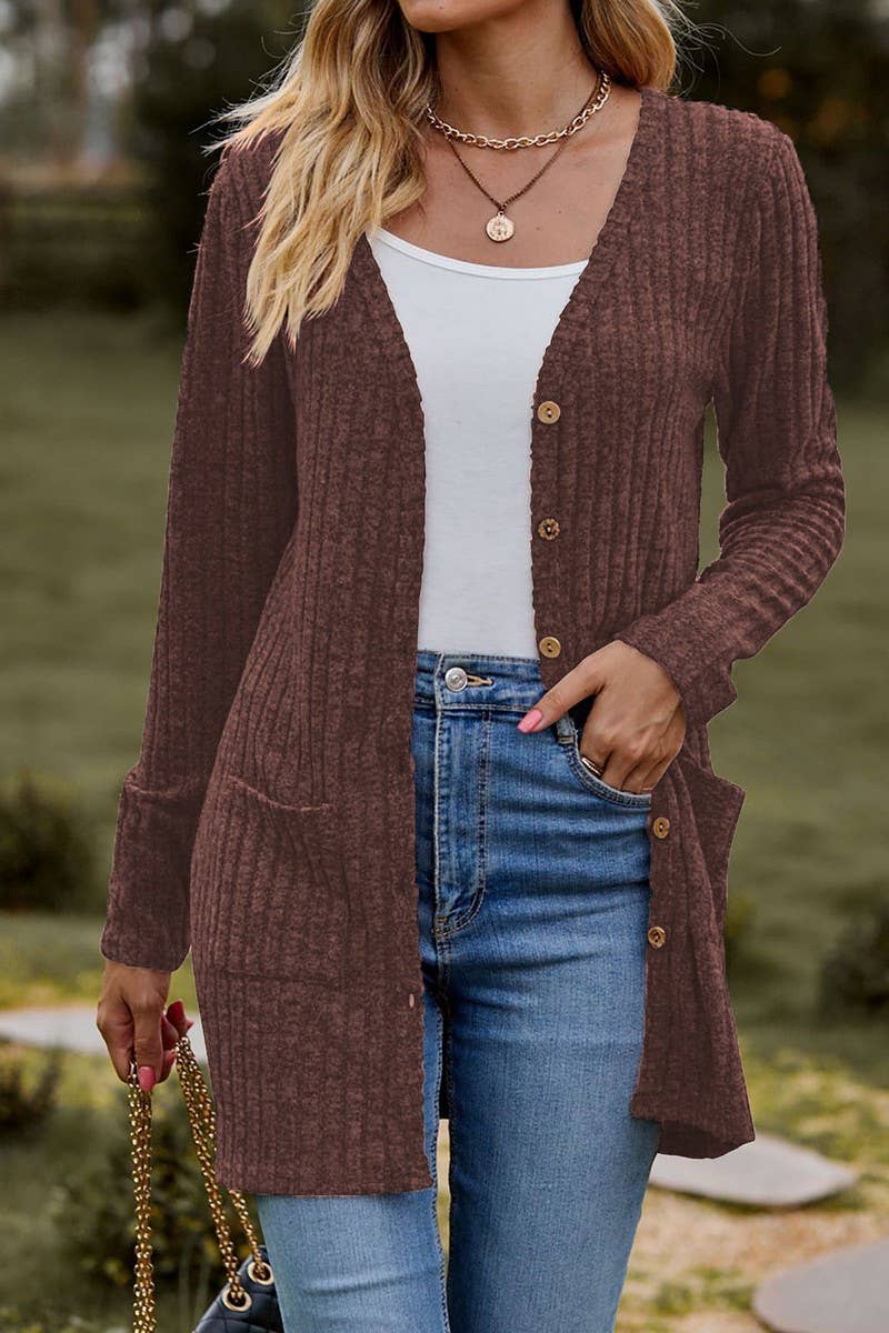 CWOCAL2286_BUTTON-UP BRUSHED RIBBED LONG SLEEVE CARDIGAN