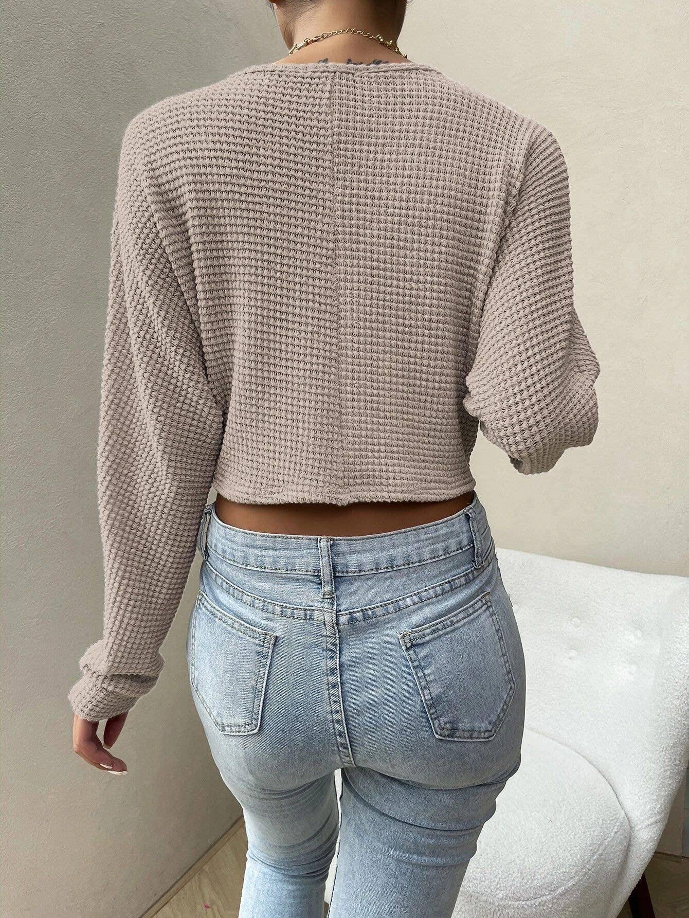 DRAWSTRING BIG V-NECK MIDRIFF INDIVIDUAL KNITWEAR