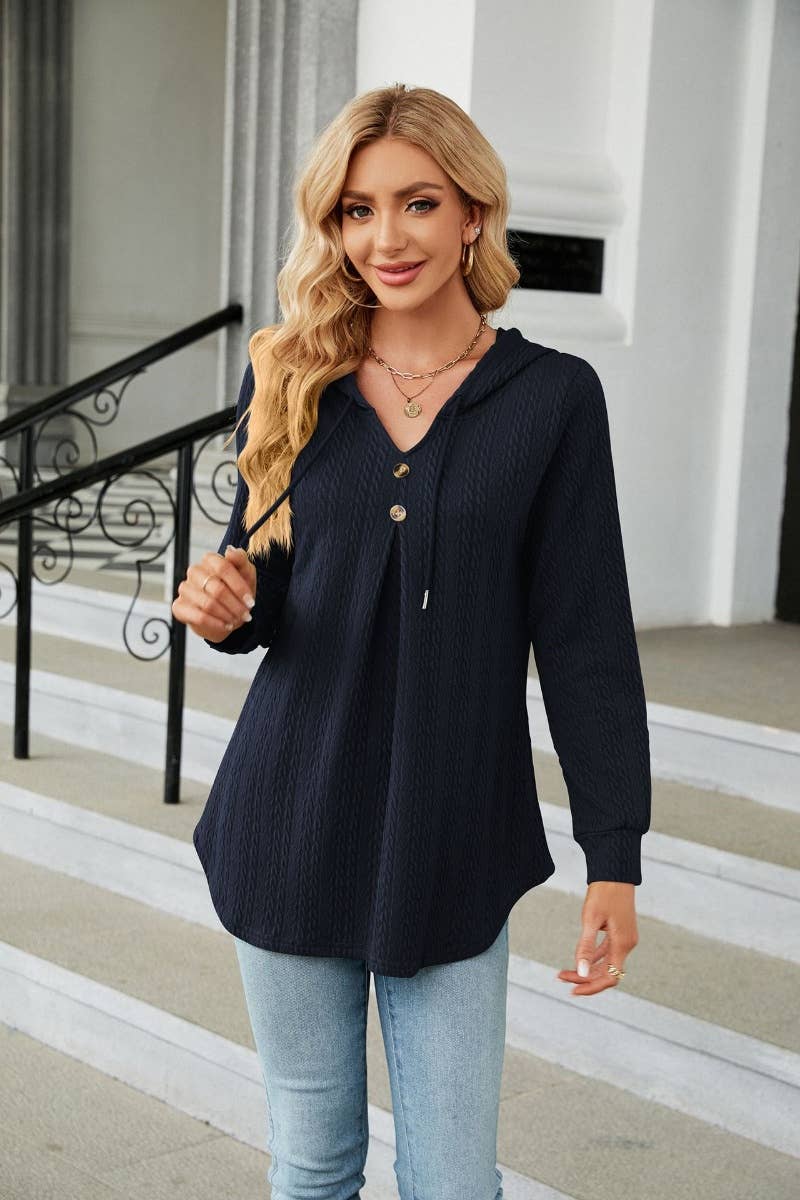 CWTBLL2794_FALL V-NECK HOODED LONG-SLEEVED KNIT TOP