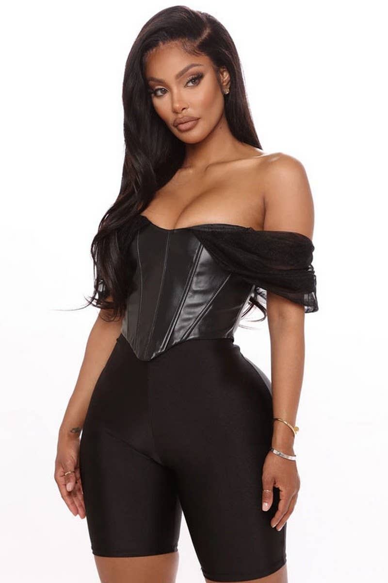 CWTTT00014_MESH SLEEVE PU OFF SHOULDER STRAPLESS TOP